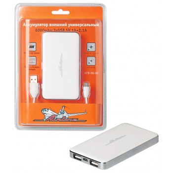 Аккумулятор внешний универсальный 6000мАч: 2хUSB 5V 1A+2.1A APB-06-02 Аккумулятор внешний универсальный 6000мАч: 2хUSB 5V 1A+2.1A APB-06-02
