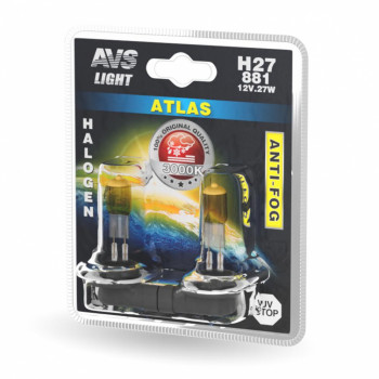 Лампа галогенная AVS ATLAS ANTI-FOG / желтый H27/881 12V.27W (блистер, 2 шт.)   A78621S	