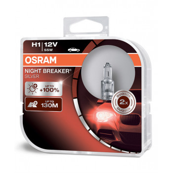 Автолампа галогенная Osram H1 Night Breaker Silver +100%  2шт  64150NBS-HCB