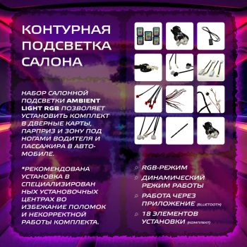 Подсветка салона автомобиля Ambient Light RGB контурная 18 элементов
